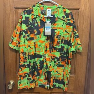Nike Neon Green, Orange & Black Graphic Short-Sleeve Button Down Shirt Sz M. NWT